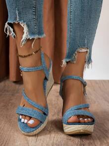 Women's Fashion Wedge Sandals, New Spring/Summer Blue Linen Rope Bottom Thick Sole Wedge Sandals - Baby Blue - View 2