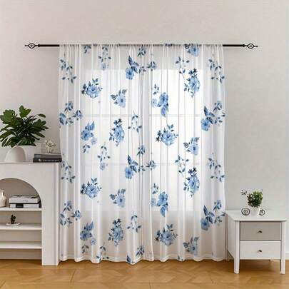 2PCS, Multicolor, Blue Floral And Leaf Vine Pattern, Minimalist Fresh Style, Flat Print Sheer Curtains, 100% Polyester Fabric, Rod Pocket Style Flat Print Two Pieces Sheer Curtains, No Lining, 90gsm, Width 180cm, Very Suitable For Bedroom Sheer Curtains, Living Room Sheer Curtains, Dining Room Sheer Curtains, Bathroom Sheer Curtains, Outdoor Sheer Curtains