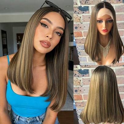 棕色带金色挑染假发，短款波波头假发，合成蕾丝前假发，预先拔毛，13x4高清无胶直发，14英寸，即戴即用，预调渐变金色假发，自然发根，新手友好，适合角色扮演、日常、派对、生日等场合佩戴