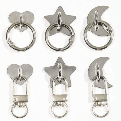 二合一心形、星形、月亮按扣+扣环/环扣，适用于DIY手机壳挂绳配件、手机带，银色、黑色和彩色可选，手机壳包五金配件，钥匙扣，钥匙圈扣，智能手机链，手工装饰配件，智能手机带，不留痕迹，兼容所有安卓/苹果系列手机，例如17/16/15等。