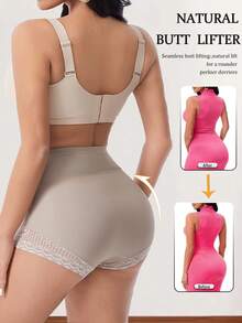Panty de compresión alta con cierre delantero para mujer, moldeador de cintura, decoración de encaje - Caqui - Ver 2