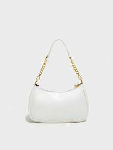 New Fashion Classic Wild Letter Decor Design Solid Color Waterproof PU Crescent Shoulder Bag/Underarm Bag, Suitable For Shopping And Crossbody Wear - White - View 4