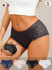 4pcs/Pack Women's Sexy Lace Patchwork Minimalist Comfortable Thong Panties - Multicolor - View 1