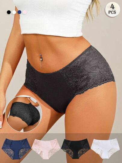 APRSEA 4pcs/Pack Women's Sexy Lace Patchwork Minimalist Comfortable Thong Panties