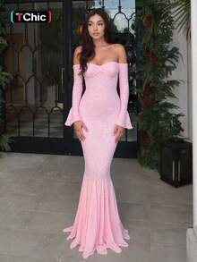[Spring/Summer Style] Best-Selling New Arrivals Women's Solid Color Lace Long Sleeve Dress, Chic Elegant Off Shoulder Dress Party Club Dating Formal Wear, Ladies Spring & Fall Clothes Womenswear - Hồng - Xem 2
