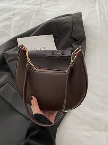 Bolso de mano mini en forma de media luna de , 1 pieza, unicolor con decoración de cadena en relieve, material PU, bolso de hombro elegante y portátil con cremallera, adecuado para viajes y uso diario de niñas - Café - Ver 7