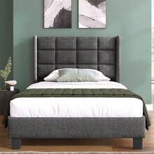 Upholstered Bed With Its Upholstered Headboard, Single Bed With Slatted Base, 90x200cm, In Linen, Medium Firm (With Spring Mattress) - Grey - View 4