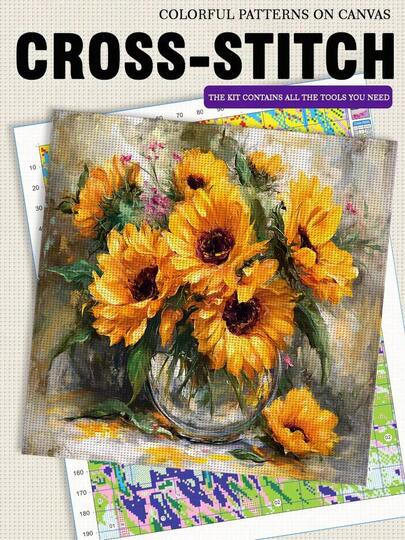 JOZYSH 1PC Frameless 40 * 40cm/15.7 * 15.7in, Beautiful Sunflower, 11CT/14CT Printed Cross Stitch DIY Kit, Suitable For Relaxing DIY Cross Stitch Embroidery Set For Adults And Beginners, Perfect For Bedroom And Living Room Wall Decoration. Gifts Include Printed Canvas, Needles, Thread, Drawings, And Instruction Books.