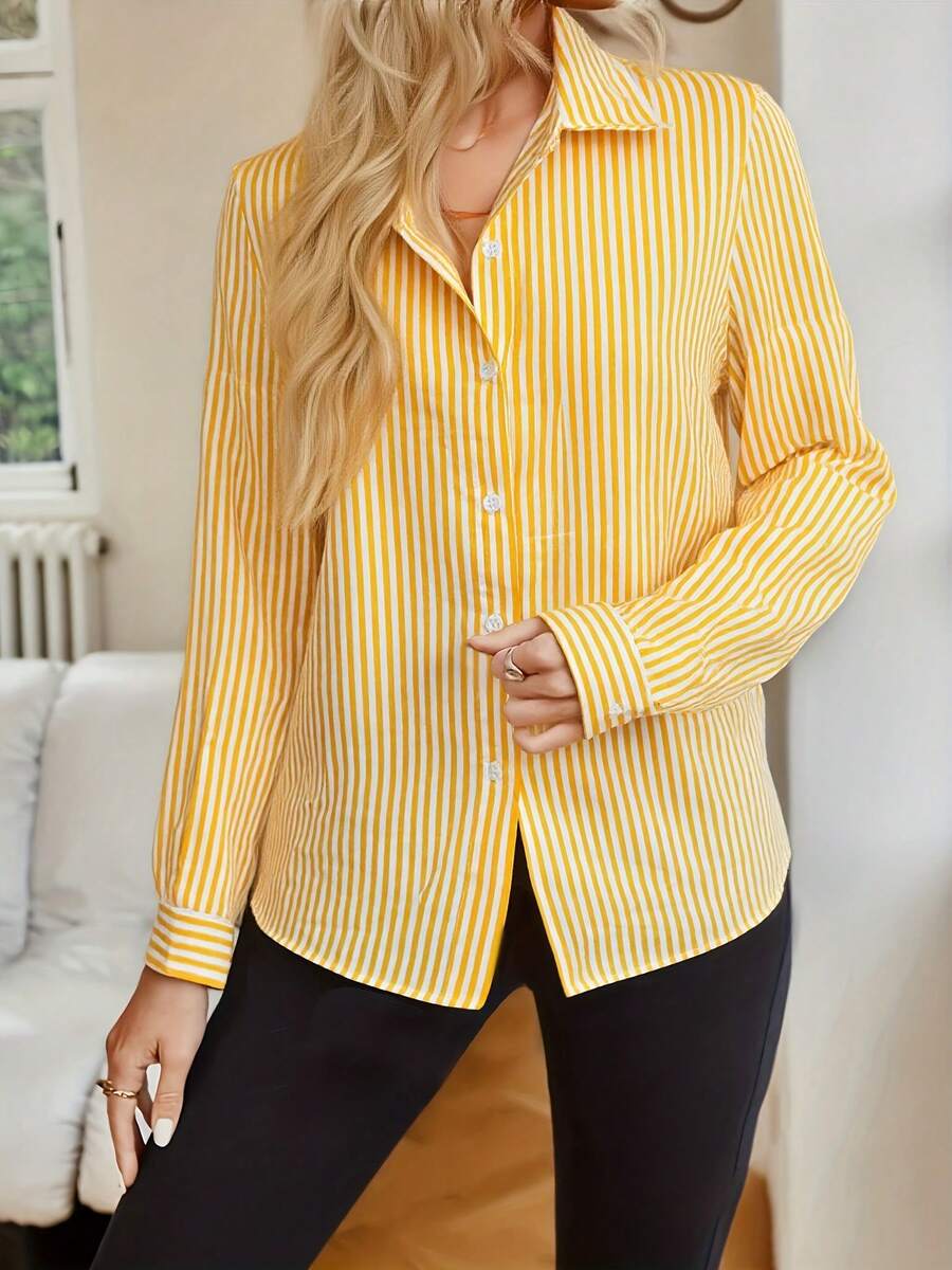 Classic Striped Long Sleeve Formal Dress Shirt, European Style, Suitable For Commuting And Office Wear - Yellow - View 1