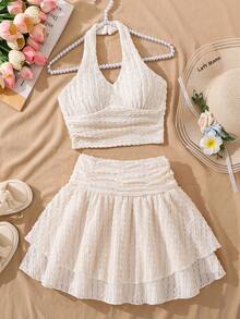 Left Mama Conjunto de top de tirantes y falda minimalista y dulce para niñas preadolescentes, adecuado para la playa y las vacaciones de verano - Beis - Ver 1