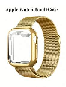 1PC Luxury Gold Watch Band Watch Case Compatible With Apple Watch 38mm 40mm 41mm 42mm 44mm 45mm, Stainless Steel Mesh Watch Strap With Watch Screen Protector, Drop And Scratch Resistant Watch Case, Smart Watchbands Watch Strap Accessories Compatible With Apple Watch Series 9 8 7 SE3 6 5 4 3 2 1 - Gold - View 2