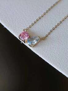 1pc Elegant Women's S925 Sterling Silver Bicolor Pink & Blue Zirconia Pendant Necklace, Minimalist Luxurious Delicate Clavicle Chain, Suitable For Daily Wear - #1 - View 6