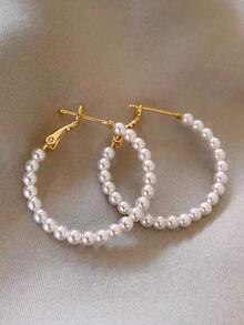 1 Pair Elegant Pearl Hoop Earrings, Suitable For Women's Daily, Date, Party Wear, Great Gift For Lover, Mother's Day - Gold - View 4
