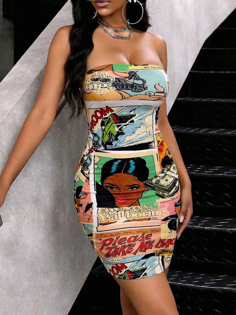 女士Y2K复古美式漫画印花抹胸连衣裙，性感紧身迷你裙，适合夏季约会、派对、街头穿着 - 彩色 - 查看 1