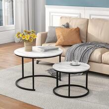 Nesting Coffee Table Set Of 2, Round White Marble Coffee Table, Nesting Tables For Living Room, Space Saving Side Tables With Metal Frame - Black - View 4