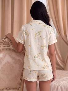 2件套女士花卉印花睡衣套装，夏季 - 杏色 - 查看 2