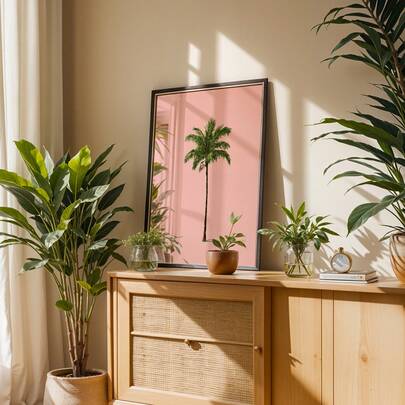 1幅植物艺术画，粉色和绿色极简主义印花，帆布上展现棕榈树。非常适合厨房装饰、房间装饰、家居装饰、卧室装饰、墙面装饰、客厅装饰、办公室装饰、房间配件，这是一份贴心的礼物。