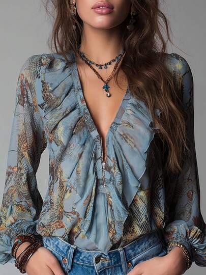 复古法式度假风优雅雪纺印花深V领拉链荷叶边灯笼袖女式衬衫，全身印花褶皱荷叶边/荷叶边薄纱度假夏季