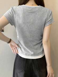 2 In 1 Design Short Sleeve T-Shirt, Fitted Korean Style Cropped Tee For Petite Women, Summer Casual - Grey - View 5