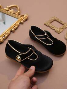 1 Pair Girls Velvet Soft Bottom Princess Shoes, Breathable Anti-Slip Toddler Loafers, Spring/Summer - Black - View 3