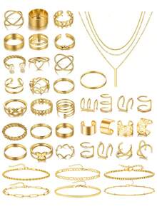 86/68/58/41pcs Fashion Minimalist Elegant Vintage Design Geometric Knot Bow Heart Tassel Pendant Faux Pearl Rhinestone Star Moon Y-Necklace Vertical Bar Infinity Symbol Multi-Layer Twisted Rope Chain Box Chain Smooth Simplistic Metal Earrings Necklace Ring Bracelet Jewelry Set, Suitable For Holiday, Party, Date, Daily Wear, Gift - Yellow Gold - View 7