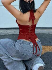 Satin Bustier Crop Top, Front Hook & Rear Tie-Up Backless Design, With Underwire For Waist Shaping, Suitable For Women To Wear At Music Festivals Summer - 紅色2 - 查看 3