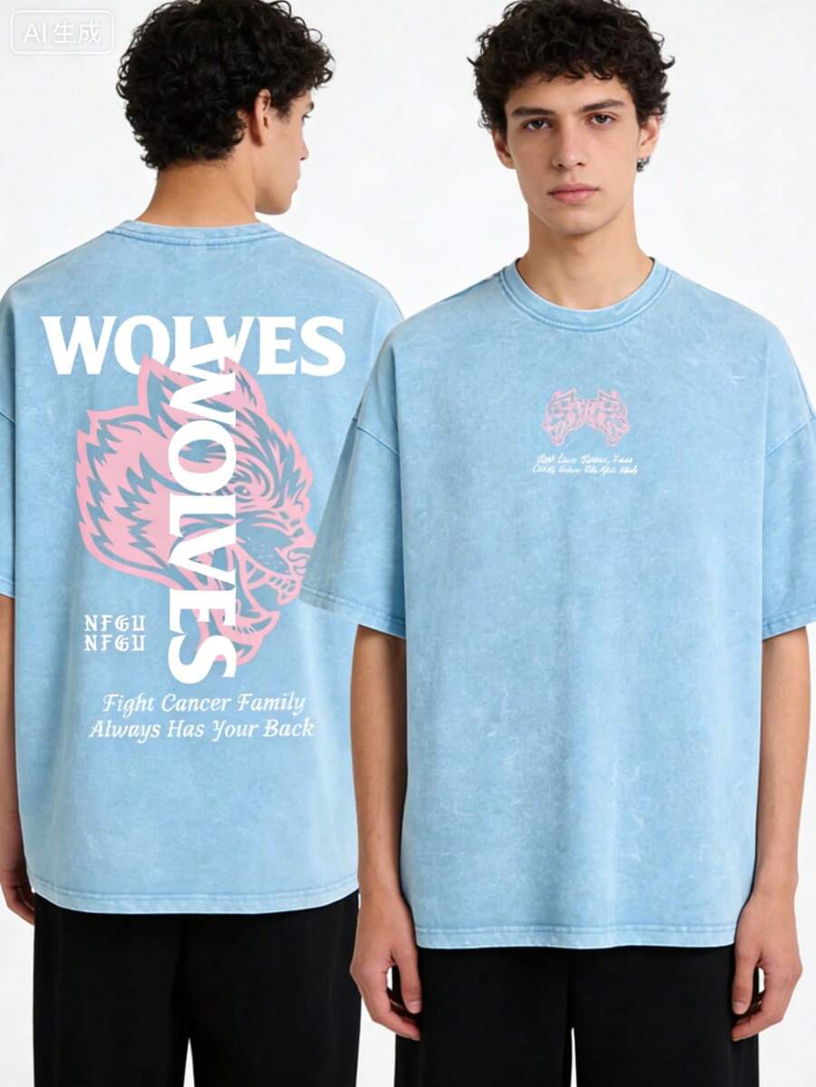 2026Darc Wolf Print Vintage Washed Men's T-Shirt, Perfect For Fitness And Weight Training, Loose Summer Gym T-Shirt, Suitable For Workouts. Loose And Comfortable, Casual And Easy To Wear, High-Quality Wax Printed Cotton Retro Fashion Brand T-Shirt, Men's T-Shirt, Beach Must-Have, Men's Summer T-Shirt, Holiday Gift, Perfect Gift, Valentine's Day Gift - 淺藍色 - 查看 1