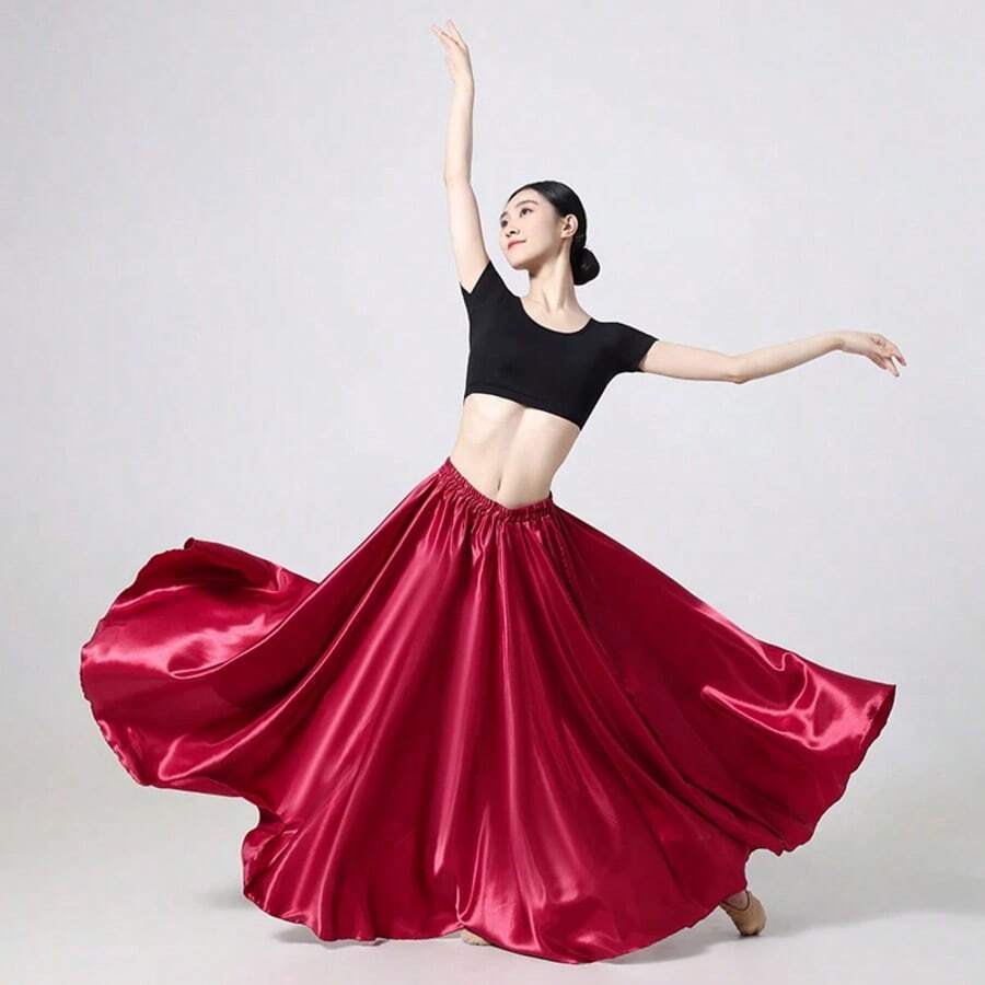 1件装时尚舞蹈长裙 女士缎面双开衩蓬蓬裙 肚皮舞 弗拉明戈 摇滚 - 彩色 - 查看 1