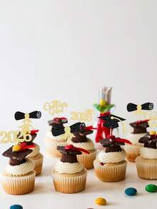 12pcs Congrats Grad 2026 Cake Toppers - Graduation Diploma & Cap Cake Decorations For High School, College 2026 Graduation Party - Gold - View 3