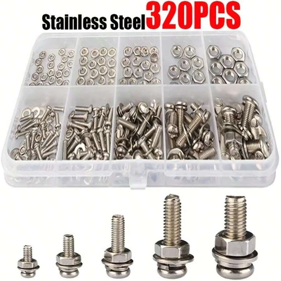 Bộ dụng cụ 320 chi tiết bằng thép không gỉ gồm ốc vít, đai ốc và vòng đệm, cỡ M2, M2.5, M3, M4, M5, kèm hộp đựng, thích hợp cho việc tự sửa chữa nhà cửa.