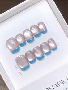 Handmade Pressed Nail Art, Short Square Shape, Hand-Painted Cat Eye Design, Elegant Minimalist Style, Full Coverage Fake Nails, Y2K Aesthetic, Unique Creative Artificial Nails, Suitable For Daily Wear, Cute & Fashionable, Ideal For Summer & Spring, Removable & Reusable, Suitable For Women's Parties And Evening Events - Multicolor - View 4