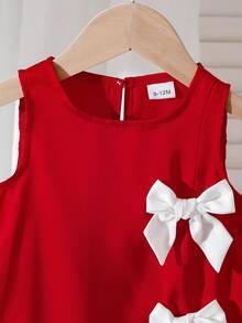 Baby Girls' Sleeveless Dress, Round Neck Simple & Neat, Decorated With 3 White Bow Ties On Right Side, Contrast Color Design Lively & Eye-Catching, Playful & Cute Style, Suitable For Baby Girl Day Or Everyday Wear - Red - View 3