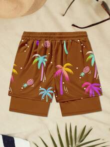 Men's Elastic Waist Drawstring Casual Loose Creative Pattern Double-Layer Beach Shorts - Brown - View 3