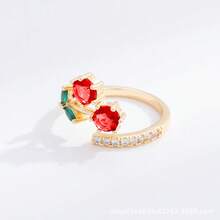 1 pièce Bague ajustable mignonne en cristal et strass simulant une cerise, convient pour les vacances et le port quotidien - Rouge - Voir 3