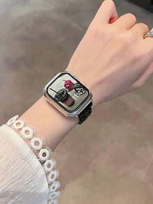 1条时尚亮黑色PC表带，兼容 38mm、40mm、41mm、42mm、44mm、45mm、46mm、49mm，奢华链条表带，适用于 Series Ultra 11、10、9、8、7、SE3、6、5、4、3、2、1，优雅智能手表表带，时尚智能手表表带，适用于，表带配件，兼容表带，智能手表表带，替换智能手表表带，日常、聚会、旅行的绝佳礼物 - 黑色 - 查看 3