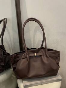 1 pieza Bolso de mano vintage de gran capacidad, bolso de transporte grande para debajo del brazo, bolso de motocicleta de moda, de cuero de unicolor de PU con cera, decoración con correa, cierre con cremallera, bolso de hombro para mujer para trabajo/escuela/viaje/compras/negocios, adecuado para uso diario - Café - Ver 11