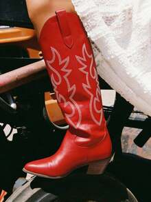 Women's Western Boots Spring Chunky Heel Boots Classic Embroidery Pointed Toe Boots Pull On Western Style Cowgirl Boots Cowboy Boots Outdoor Shoes For Women's Knee High Boots - 紅色 - 查看 11