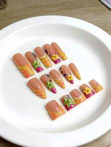 10pcs French Luxury 3D Line Flower Rhinestone Hot Girl Style Acrylic Press On Nails For Hands, Vacation, Vacation Outfits, Graduation, Wedding, Holiday Party, Suitable For Girls - Orange - View 1