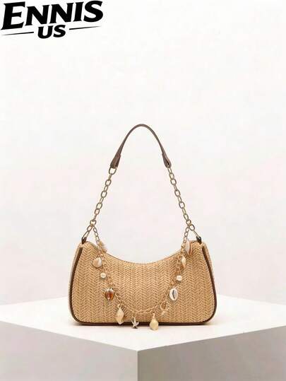 1pc Summer Beach Starfish Series Shell & Woven Shoulder Tote Handbag, Beach Bag, Straw Bag For Women (Random Color & Style), Summer Beach Bag, Ocean Bag, Vacation Bag, Beach Bag, Cruise Essential