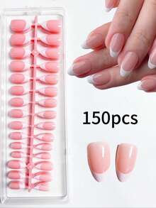 150 móng giả tròn màu hồng kiểu Pháp, 15 kích cỡ, miếng dán móng 3 trong 1, bền lâu, tự làm móng. - Hồng - Xem 5