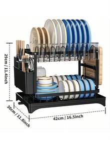 2-Tier Dish Drying Rack For Kitchen Countertops. Includes A Drip Tray And Mat, Cutlery And Cup Holders. A Great Gift For Ladies, Perfect For Mother's Day Kitchen Organization And Storage. Dishes/Knives/Cups/Cutting Boards, Black. - Xem 2