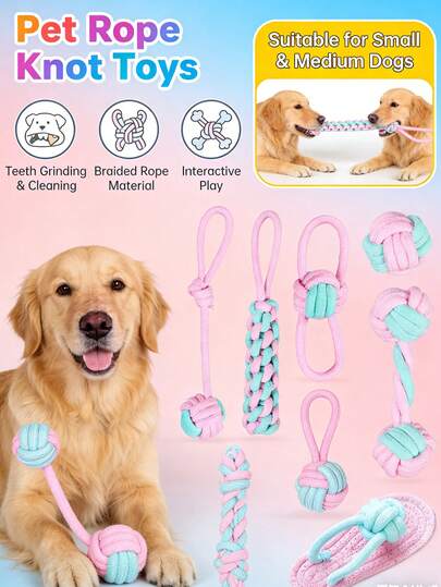 Đồ chơi gặm cho thú cưng đan thủ công, có thắt nút, màu hồng và xanh lá cây tươi mát, phù hợp cho chó nhỏ đến trung bình.