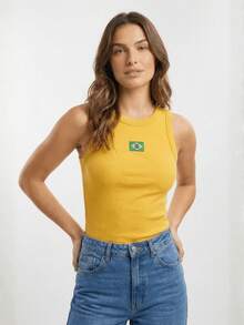 Controverso Women's Tank Top Brazil Ribbed Embroidered Blouse Flag Top Women's Premium - Yellow - View 3