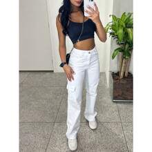 White Wide-Leg Cargo Jeans With Pockets. - WHITE - View 1