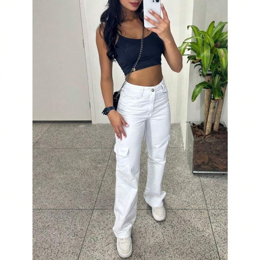 White Wide-Leg Cargo Jeans With Pockets. - WHITE - View 1