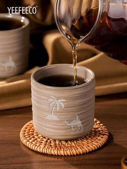 yeefeeco 1 pièce Tasses en céramique rustique, tasses à café avec palmiers et chameaux, style saoudien, tasses à thé de style moyen-oriental, tasses à matcha, tasses à eau, pour la maison, les cafés, les restaurants, les fêtes, les cours