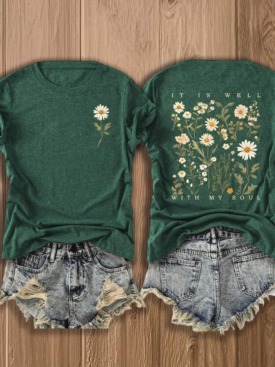 Vintage "It Is Well With My Soul" Wildflower Beach Front Back T-Shirt | Summer Tops For Women, On Everything, Casual Double Sided Graphic Tee - màu xanh lá - Xem 1
