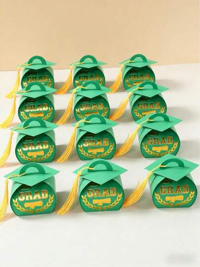 12个装毕业帽礼盒，绿金相间，饰有金色流苏，祝贺毕业生，毕业派对回礼盒，毕业烘焙DIY糖果盒，2026届毕业典礼装饰，祝贺毕业派对装饰，毕业季桌面装饰，毕业礼物