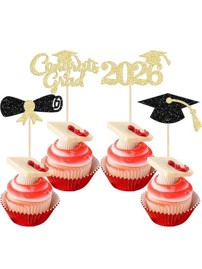 Bộ 12 phụ kiện trang trí bánh chúc mừng tốt nghiệp năm 2026 - Bằng tốt nghiệp và mũ tốt nghiệp dành cho tiệc tốt nghiệp trung học, đại học năm 2026.