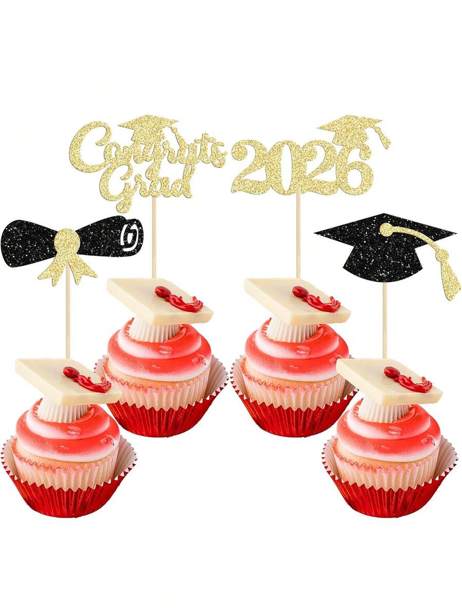 12pcs Congrats Grad 2026 Cake Toppers - Graduation Diploma & Cap Cake Decorations For High School, College 2026 Graduation Party - Gold - View 1